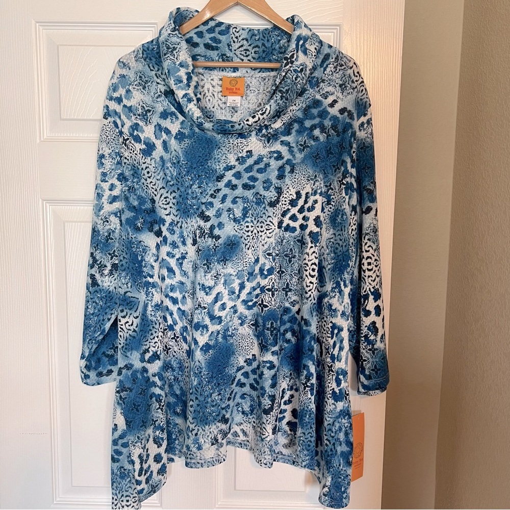 NWT Ruby Rd Woman Cowl Neck Sweater Size 2X Shades of Blue Lightweight R10